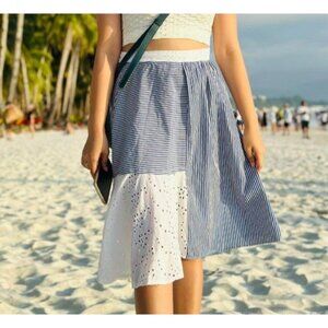 Zara Basic S Blue Striped Skirt Lace Trim GLEN‎ 549 Asymmetrical Hem